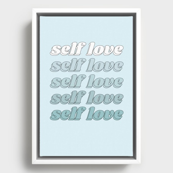 Cute Positive Quote | "Self Love" Text | Minimal & Aesthetic Blue Gradient Color Palette Framed Canvas