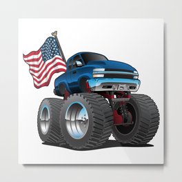 Monster Pickup Truck with USA Flag Cartoon Metal Print | Offroading, Large, Offroad, Drawing, American, Cartoon, Monstertruck, Truck, 4Wd, Flag 