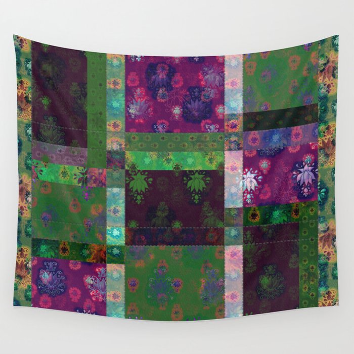 Lotus flower green and maroon stitched patchwork - woodblock print style pattern Wall Tapestry