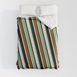 [ Thumbnail: Brown, Dark Sea Green, Light Cyan, and Black Colored Pattern of Stripes Duvet Cover ]