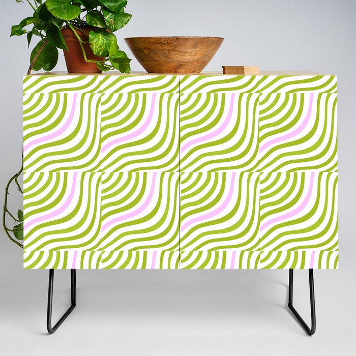 Green and Pastel Pink Stripe Shells Credenza