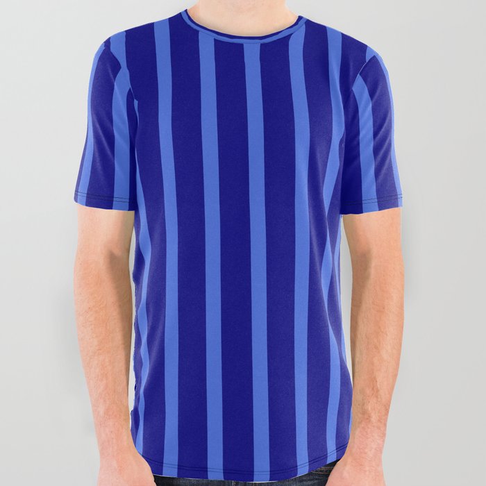 Blue & Royal Blue Colored Striped/Lined Pattern All Over Graphic Tee