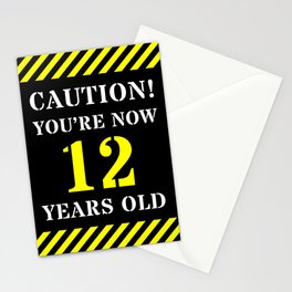 [ Thumbnail: 12th Birthday - Warning Stripes and Stencil Style Text Stationery Cards ]