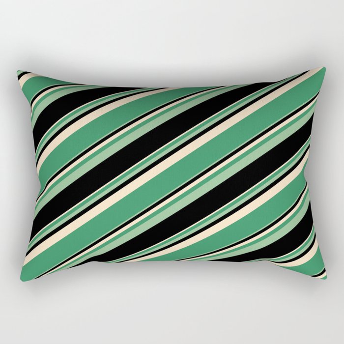Bisque, Sea Green, Dark Sea Green, and Black Colored Lined Pattern Rectangular Pillow