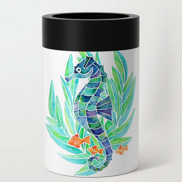 Seahorse Watercolor- Blue & Green Can Cooler