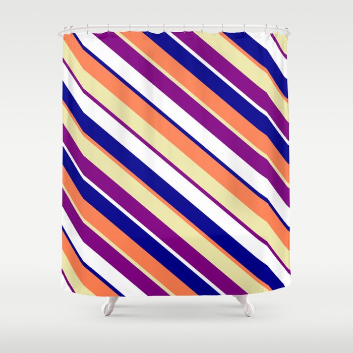 Colorful Coral, Pale Goldenrod, Purple, White & Dark Blue Colored Lines/Stripes Pattern Shower Curtain