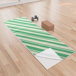 [ Thumbnail: Sea Green & Beige Colored Lines Pattern Yoga Towel ]