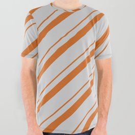 [ Thumbnail: Chocolate & Light Grey Colored Striped Pattern All Over Graphic Tee ]
