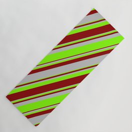 [ Thumbnail: Dark Red, Grey & Chartreuse Colored Lined/Striped Pattern Yoga Mat ]