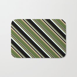 [ Thumbnail: Tan, Dark Olive Green, Mint Cream & Black Colored Stripes Pattern Bath Mat ]