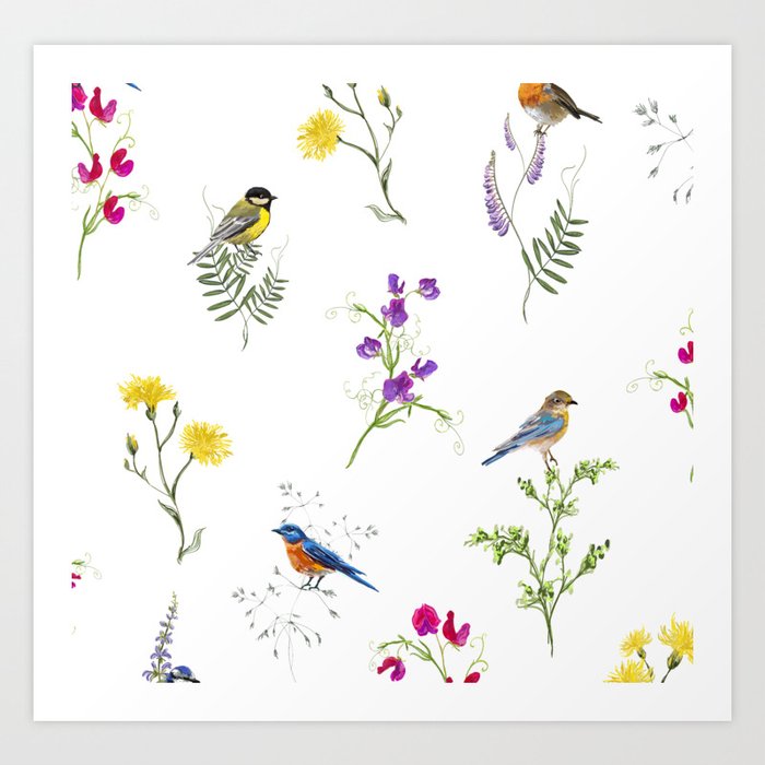 Plants and beautiful Birds  Art Print