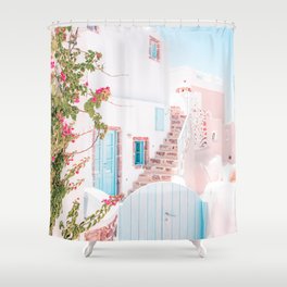 Santorini Greece Mamma Mia Pink House Travel Photography Shower Curtain