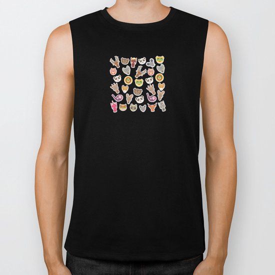 pattern with funny cute animal face on a blue background Biker Tank
