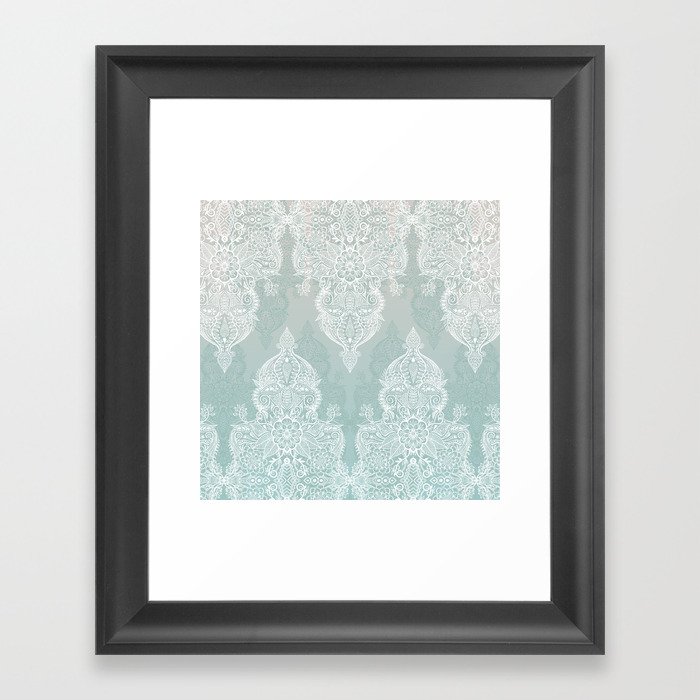 Lace & Shadows - soft sage grey & white Moroccan doodle Framed Art Print