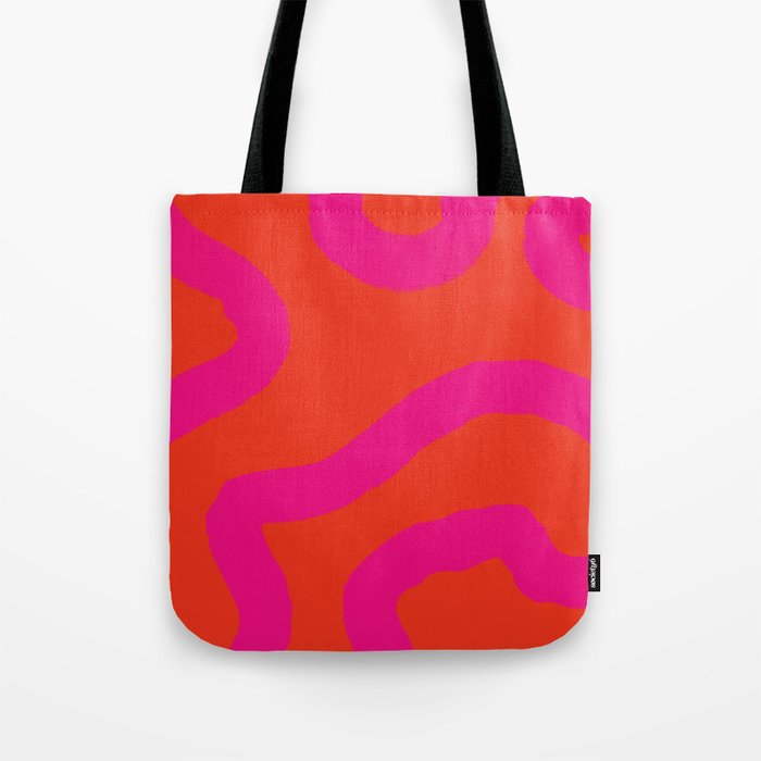 Futchsia Pink Swirled Lines on Red Tote Bag