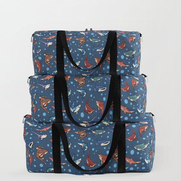 Sharks in the dark blue Duffle Bag by colordrilos | Society6