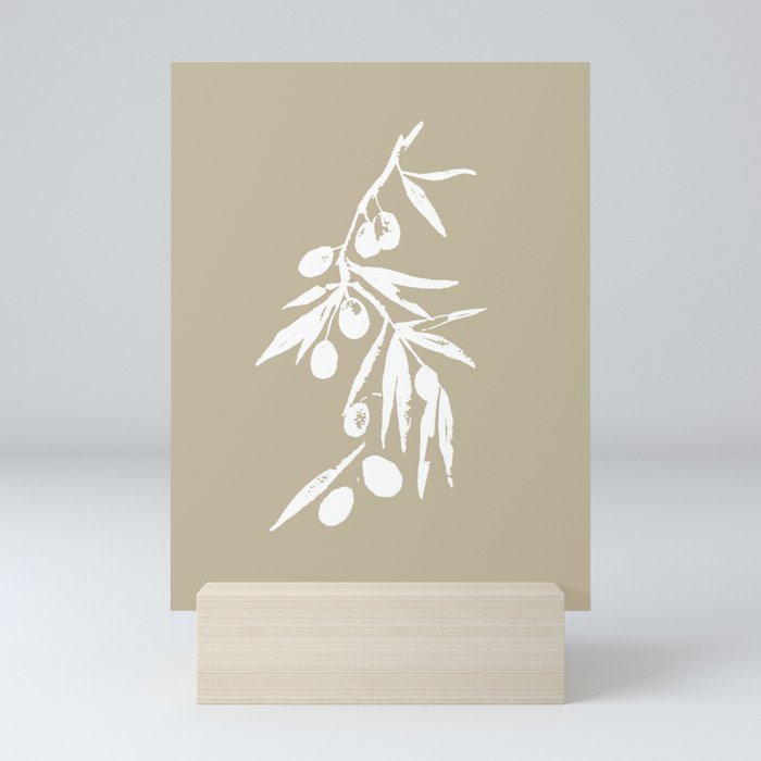 Olive Branch-white on beige background Mini Art Print