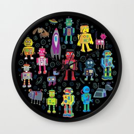 Robots in Space - on black Wall Clock
