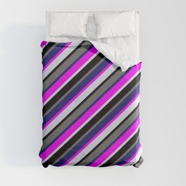 [ Thumbnail: Colorful Fuchsia, Lavender, Black, Dim Grey & Midnight Blue Colored Stripes/Lines Pattern Duvet Cover ]