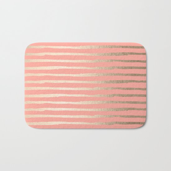 Abstract Stripes Gold Coral Pink Bath Mat
