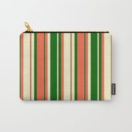 [ Thumbnail: Red, Light Yellow & Dark Green Colored Stripes Pattern Carry-All Pouch ]