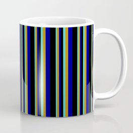 [ Thumbnail: Turquoise, Dark Goldenrod, Dark Blue & Black Colored Stripes Pattern Coffee Mug ]