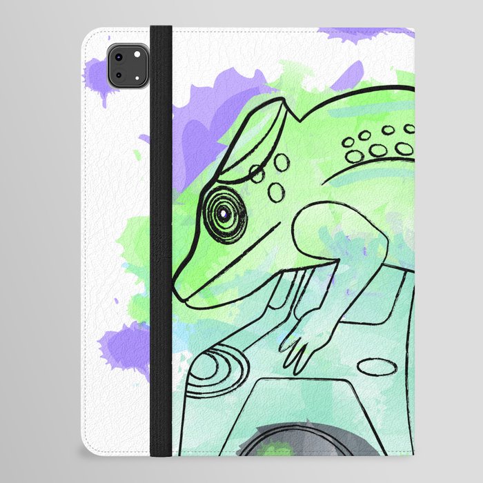 Chameleon Reptile on a Car. Watercolor Splashes Artwork. iPad Folio Case