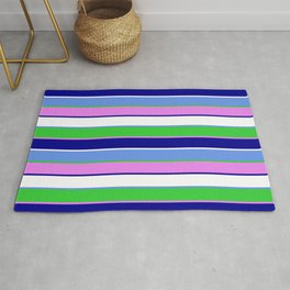 [ Thumbnail: Cornflower Blue, Lime Green, Violet, Dark Blue & White Colored Stripes/Lines Pattern Rug ]