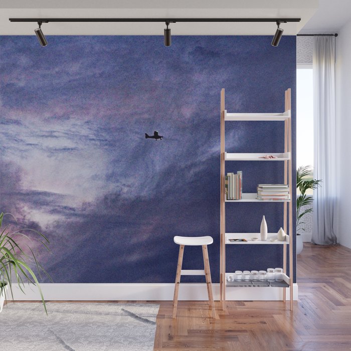 One Little Plane Flying at Sunset Cloudscape Wall Mural