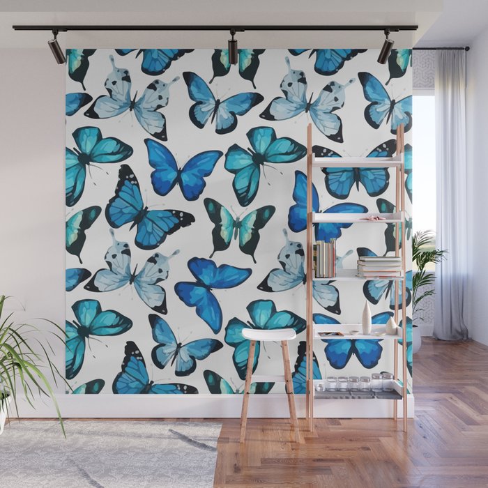 Blue Watercolor Butterfly Pattern Wall Mural