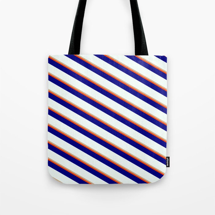 Tan, Red, Blue & Mint Cream Colored Stripes/Lines Pattern Tote Bag