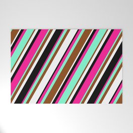 [ Thumbnail: Vibrant Deep Pink, Aquamarine, Brown, White, and Black Colored Striped Pattern Welcome Mat ]