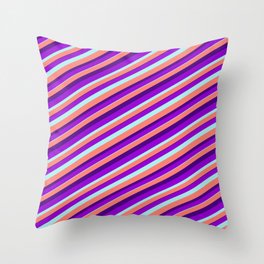 [ Thumbnail: Dark Violet, Turquoise, Salmon, and Indigo Colored Lined Pattern Throw Pillow ]