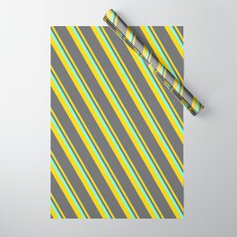 [ Thumbnail: Aquamarine, Yellow, and Dim Gray Colored Lined/Striped Pattern Wrapping Paper ]