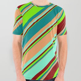[ Thumbnail: Eyecatching Dark Cyan, Brown, Aquamarine, Dark Red, and Chartreuse Colored Striped/Lined Pattern All Over Graphic Tee ]