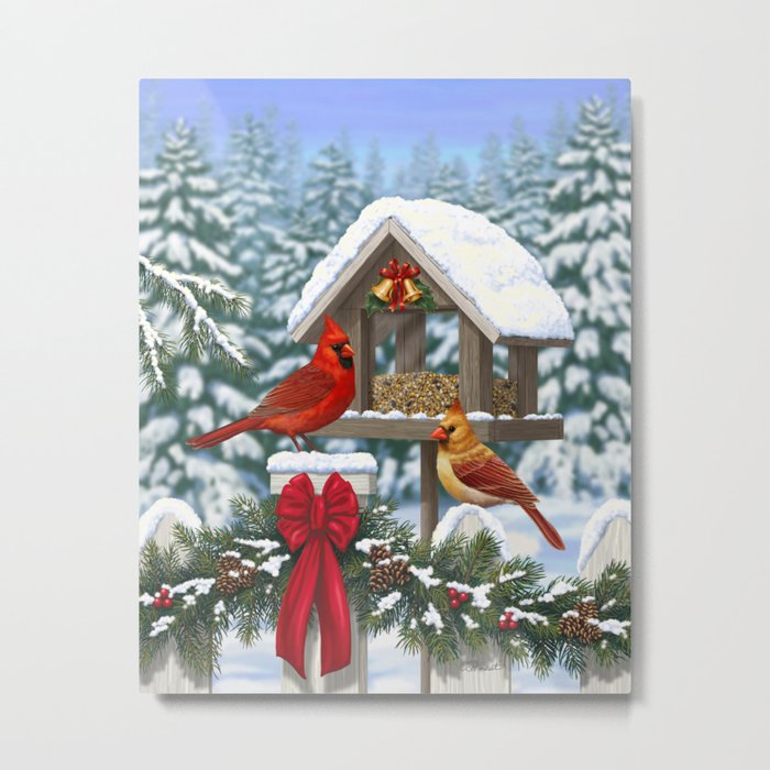 Red Cardinals And Christmas Bird Feeder Metal Print By Csforest