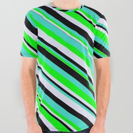 [ Thumbnail: Turquoise, Lime, Lavender, and Black Colored Stripes/Lines Pattern All Over Graphic Tee ]