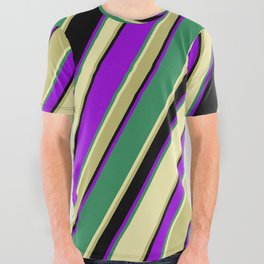[ Thumbnail: Colorful Sea Green, Pale Goldenrod, Dark Khaki, Black & Dark Violet Colored Lined Pattern All Over Graphic Tee ]