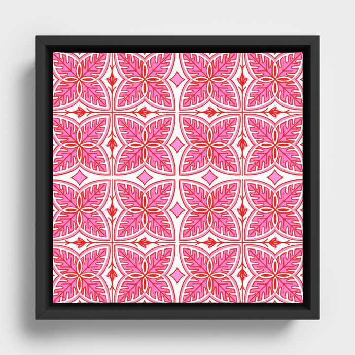 Pink and White Retro Tropical Monstera Leaves Framed Canvas