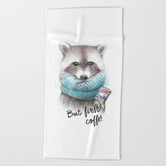 raccoon pencil and watercolor illustration Beach Towel