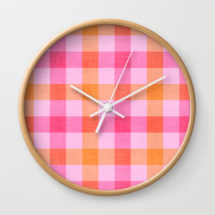 Cute Colorful Summer Pink Gingham Wall Clock