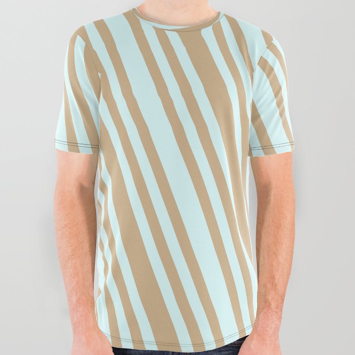 Light Cyan & Tan Colored Striped Pattern All Over Graphic Tee
