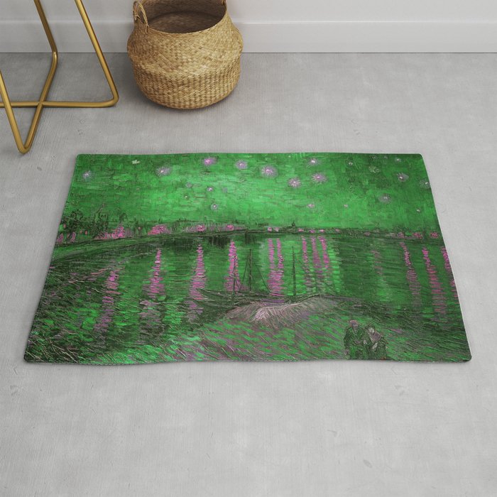 Starry Night Over the Rhone landscape painting by Vincent van Gogh in alternate emerald green with pink stars Rug