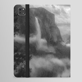 Mountains with morning mist and fog; waterfall alpine valley black and white photograph / photograph for home and wall decor iPad Folio Case