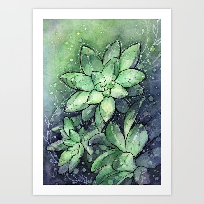 Crystal Succulents in Watercolor Art Print