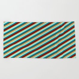 [ Thumbnail: Dark Khaki, Turquoise, Teal, and Maroon Colored Lines/Stripes Pattern Beach Towel ]