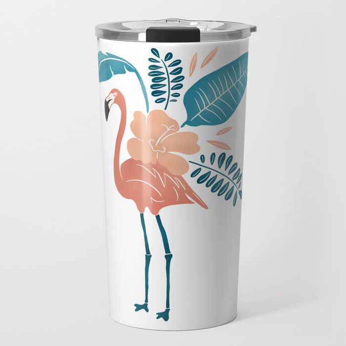 Flamingo Topped With Tropical Botanicals, Pink and Teal Travel Mug