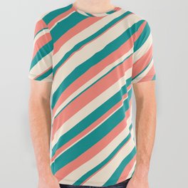 [ Thumbnail: Salmon, Beige & Dark Cyan Colored Pattern of Stripes All Over Graphic Tee ]