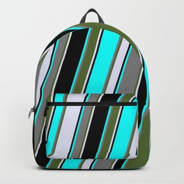 [ Thumbnail: Eyecatching Aqua, Grey, Dark Olive Green, Lavender & Black Colored Lines/Stripes Pattern Backpack ]