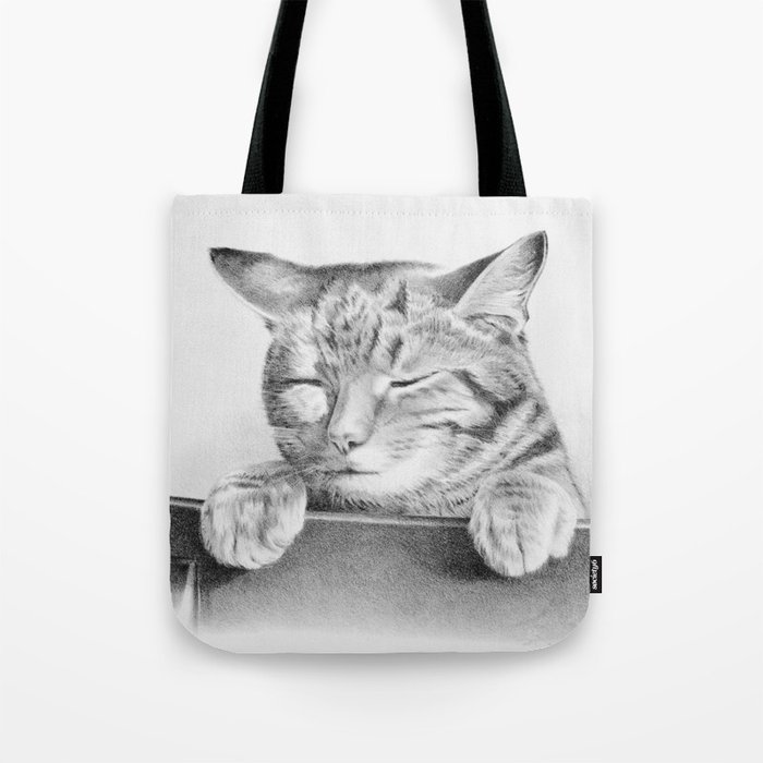 Sleepy Cat Drawing - Black White Graphic Tote Bag